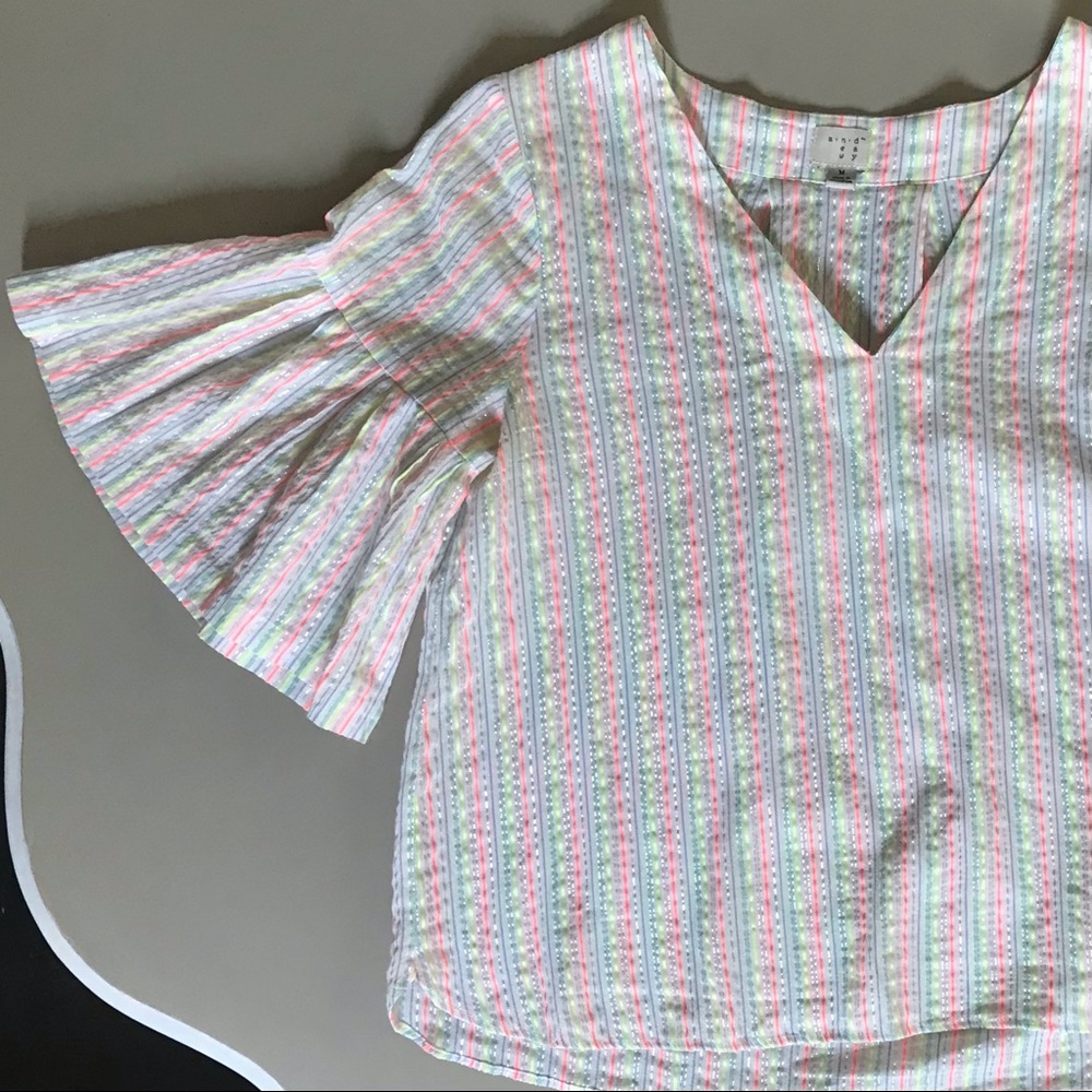 A NEW DAY Seersucker Ruffle Bell Sleeve Metallic Sparkle Neon Striped Blouse - Picture 4 of 9